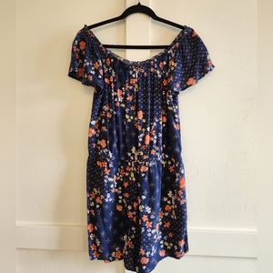 Short-sleeved off-the-shoulder Romper, L-XL, Blue with Coral Flowers, 100% Rayon